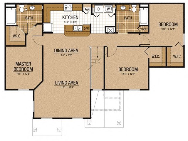 Floor plan for 3 beds, 2 baths, 1425 sqft